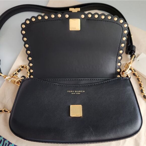 New! Tory Burch Britten Black Leather Studded Convertible Shoulder Bag - Picture 8 of 10